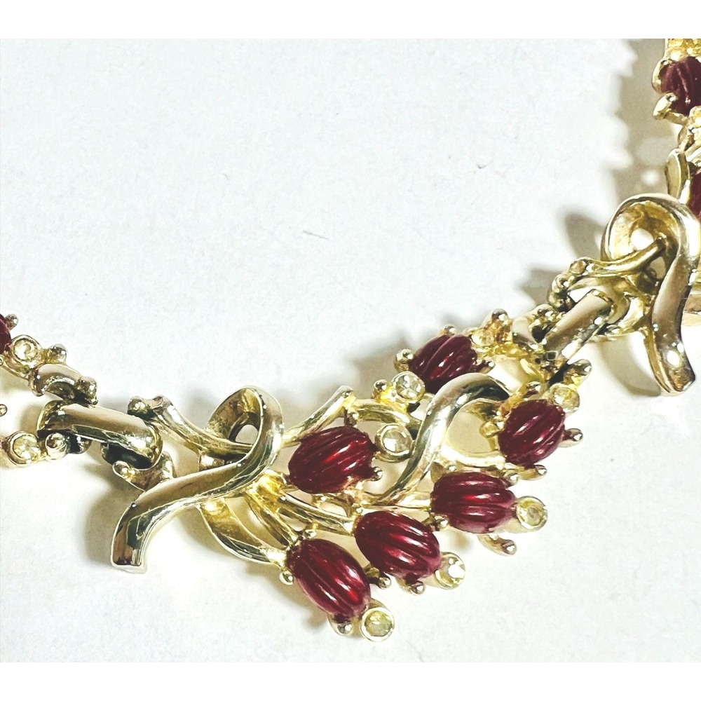 Vintage Kramer Choker Necklace Red‎ Clear Accents Gold Tone Ribbon Design Signed
